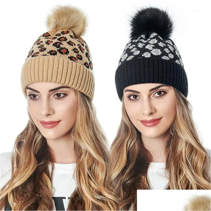 Beanie/Skull Caps Beanie/Skl Cappello da donna Stampa leopardo Berretti lavorati a maglia caldi per donna Palla di pelo Autunno Inverno Berretto femminile Nero Bianco 202 Dhe9D