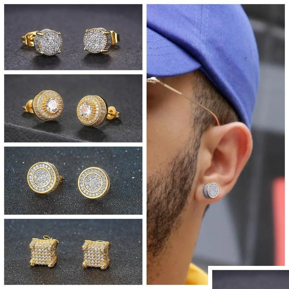 Mens Hip Hop Earrings Jewelry Gold Sier Iced Out Cz Stone Stud Drop Delivery Dhezo