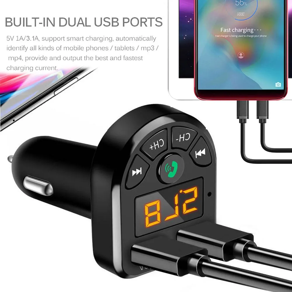 FM Transmitter Bluetooth Car MP3 Audio Player Handsfree Car Kit 5V 3.1A Dual USB  12-24V TF U Disk Music Player