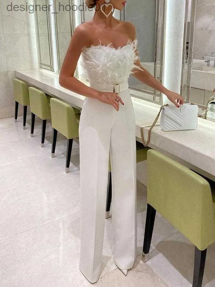 Women's Jumpsuits Rompers Women's Jumpsuits Romper Elegant Female Feather Bra Sexy Birthday Club Wear White Maxi Black Blue Pink 230324 L230913