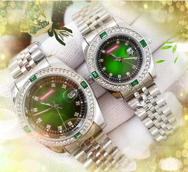 Men Women\'s Silver band and Green dial Watches Set Luxury Diamond for Couple Matching His and Hers Rolex Two Tone Gold Watch Set Green  main image 4