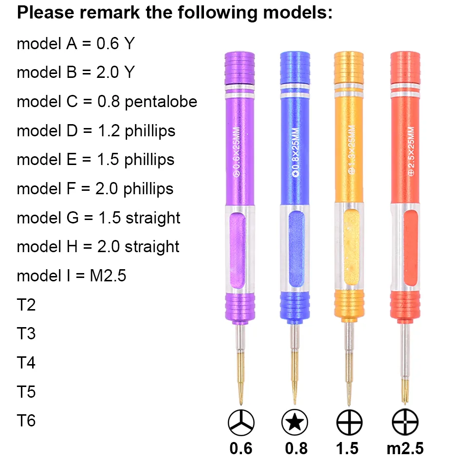 0,6y 2,0y 0,8 Pentalobe 1.2 1,5 2,0 Phillips slitsade T2 T3 T4 T5 T6 M 2,5 Metallhandtag S2 Skruvmejsel 100 st