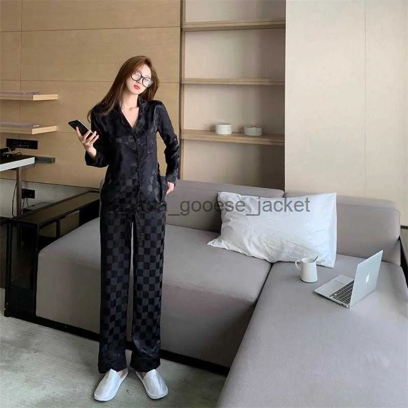 Женские брюки для сна, женские штаны из двух предметов, высококачественный шелковый пижамный комплект с узором «гусиные лапки», модный стиль, женская одежда для сна для пар, домашняя одежда для мужчин, ночное белье PyjamL230