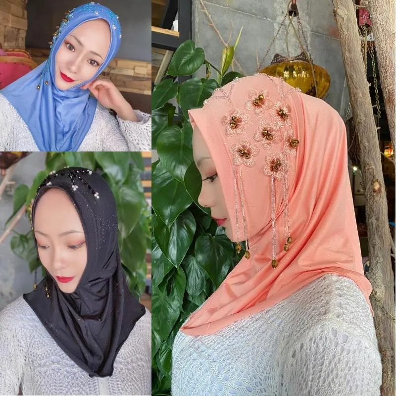 Vêtements ethniques Musulman Islamique Hijab Luxe Perlé Femmes Head Wear Châle Wrap Turban Caps Chapeau Arabe Hijabs Motif Brodé Cap Mode