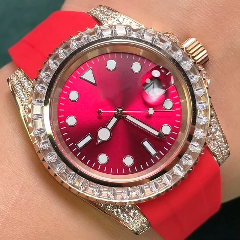 Montre De Luxe en diamant pour hommes, montre-bracelet rouge, automatique, mécanique, bracelet en caoutchouc, étanche 40mm