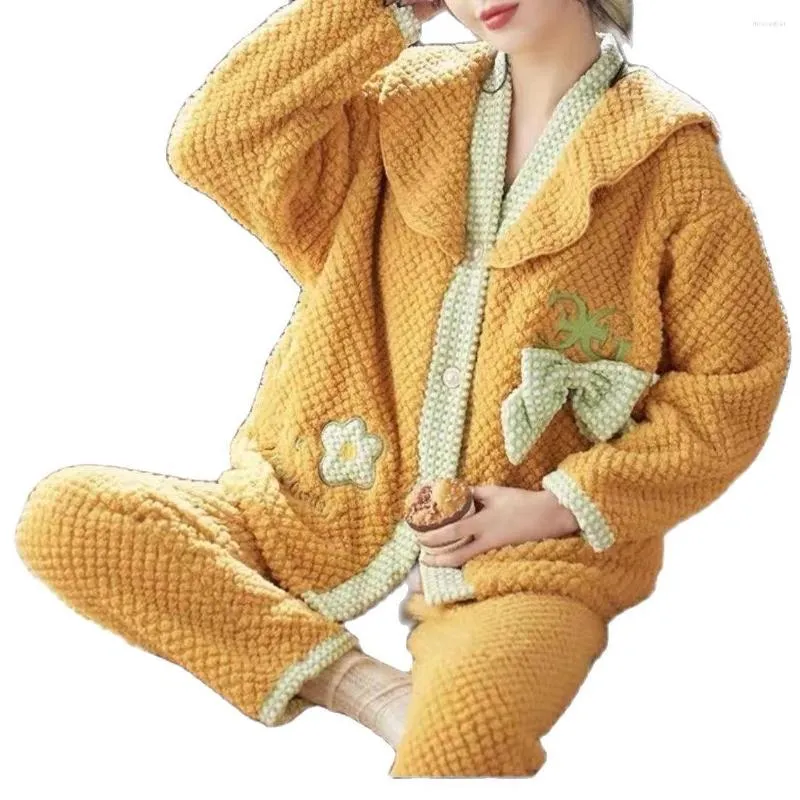 Women's Sleepwear Winter Flannel Pajamas Sets For Women Thicken Warm Pyjamas Two Pieces V-Neck Cute Sweet Homewear Home Clothes Female