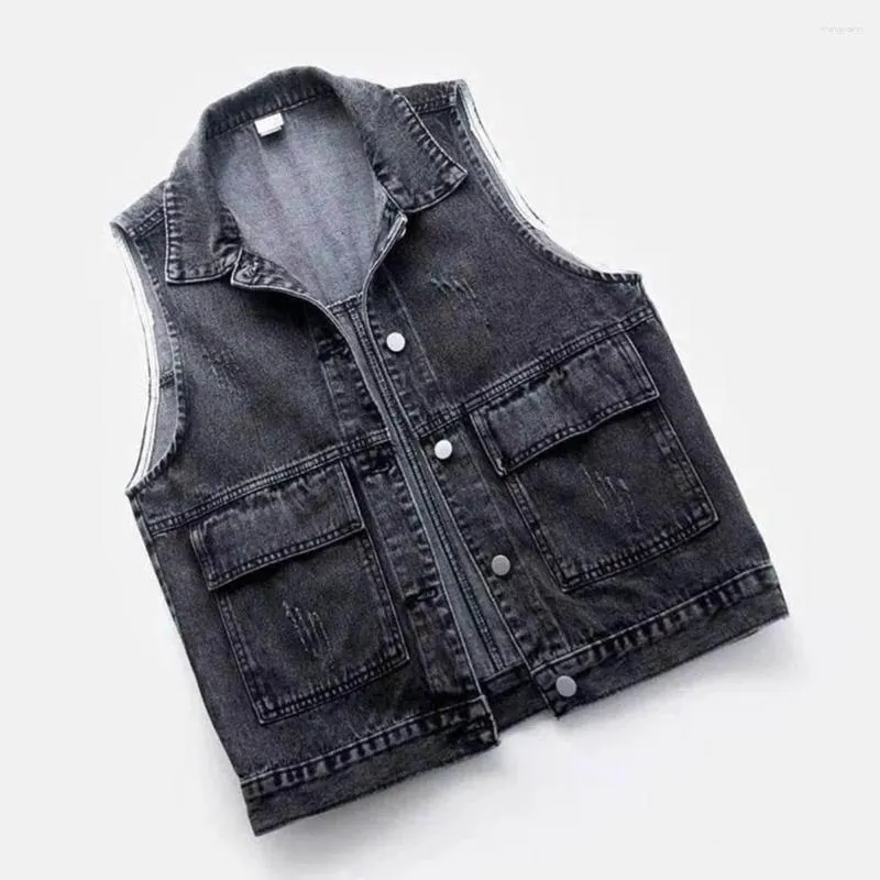 Women's Vests Ripped Denim Women Vest Coat Jeans Cowboy Waistcoat Short Sleeveless Jacket Lapel Single-breasted Patch Pockets Street