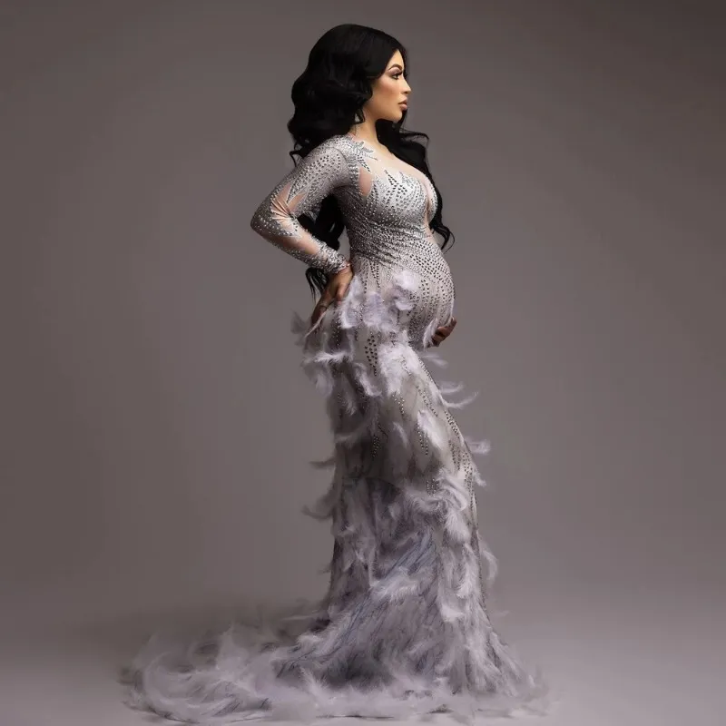 Fotografia Rhinestone High Elastic Fabric Ed Gaze Feather Salia sexy vestido de maternidade para tiroteio
