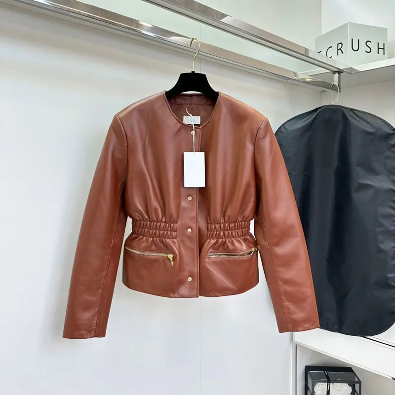 Womens Designer PU Leather Jacket Autumn Coats Fashion Casual Letter Outdoor Wear Classic Brown Color Retro Faux Leather Coat