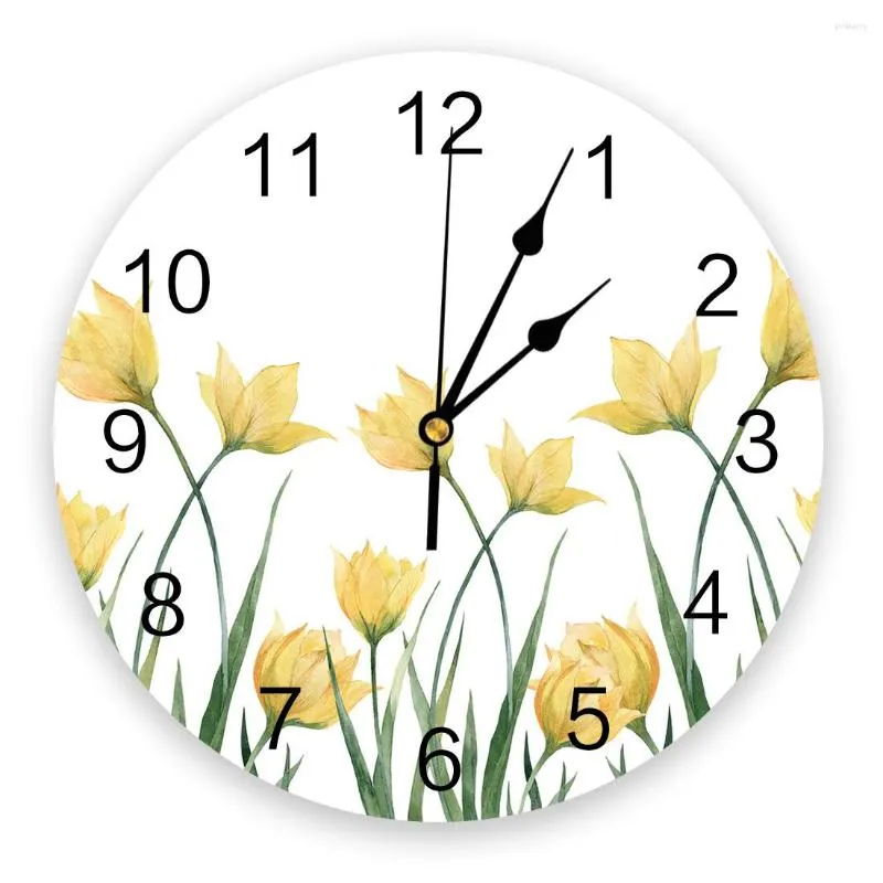 Wall Clocks Modern Clock Yellow Tulip Flower PVC Home Decor Bedroom Silent Oclock Watch For Living Room