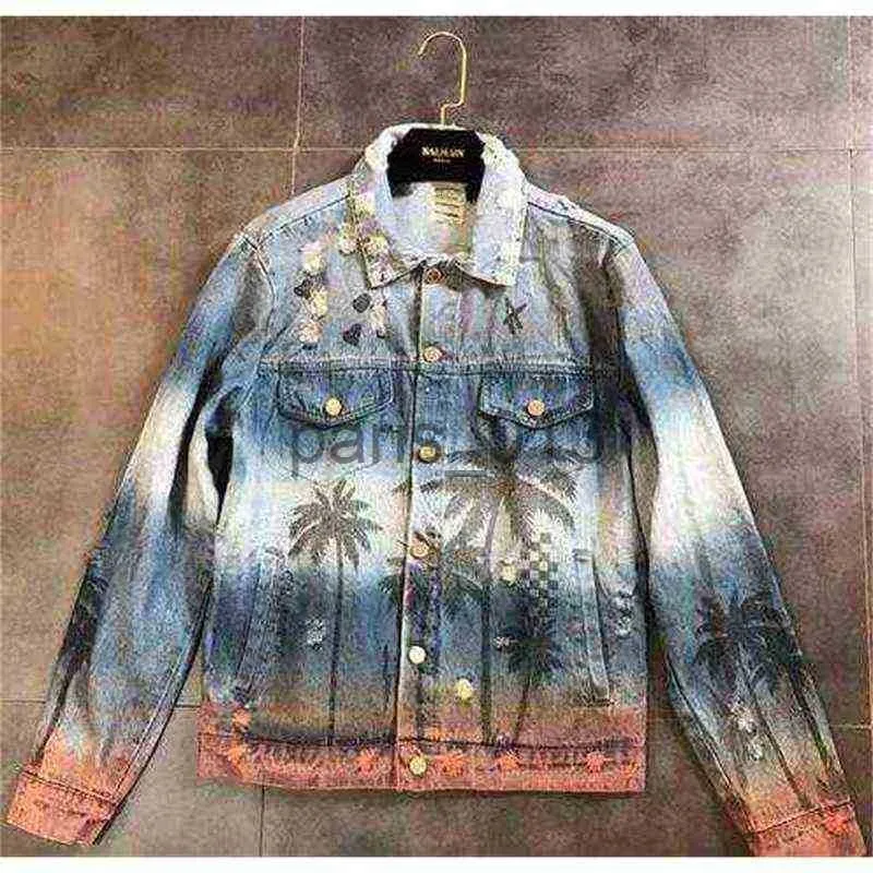 Men's Jackets Fashiondemon Autumn New Men's Women's Clothing Denim Jacket Coat Washed Hole Frayed Outerwear Vintage Coconut Palm Print Hip Hop Jackets 1p1 x0913 x0913