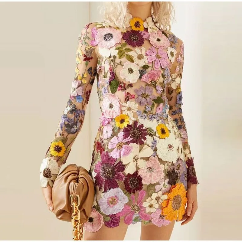 Casual Dresses Floral Embroidery Elegant Women Mini Dress Half High Collar Long Sleeve 2023 Spring Evening Party Lady Vestido