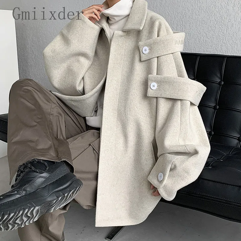 Men's Wool Blends Gmiixder Streetwear Woolen Coat Men's Autumn Winter Minority Lapel Jacket American Retro Loose Casual Asymmetrical Jacket 230912