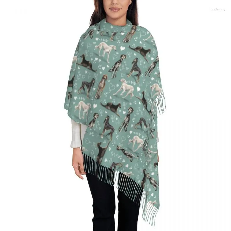 Etnische Kleding Dames Grote De Saluki Groene Sjaals Vrouwen Winter Zachte Warme Kwastje Sjaal Wrap Greyhound Windhond Honden Sjaal