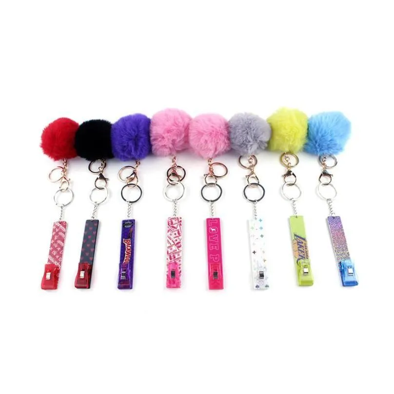 19 Colors Fashion Credit Card Pler Pompom Keychains Acrylic Debit Bank C Ard Grabber Long Nail Atm Keychain Cards Clip Nails Key Drop Delive