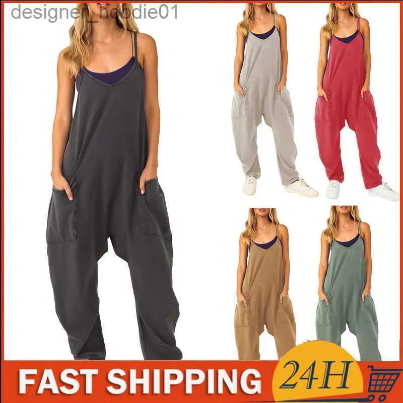 Womens Jumpsuits Rompers Combinaisons pour femmes Barboteuses Combinaison femme Salopette d'été Barboteuses sans manches avec poches Pantalon ample à jambes larges Vintage Jump Suit OnePièce G