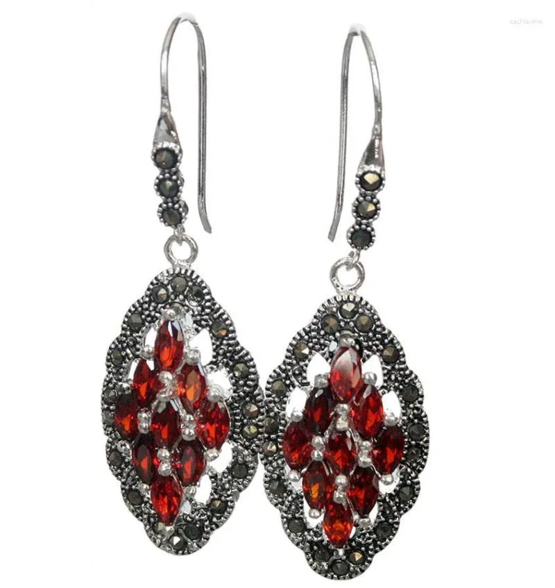 Dangle Earrings Genuine 925 Silver Red Crystal Art Style Marcasite 2inch