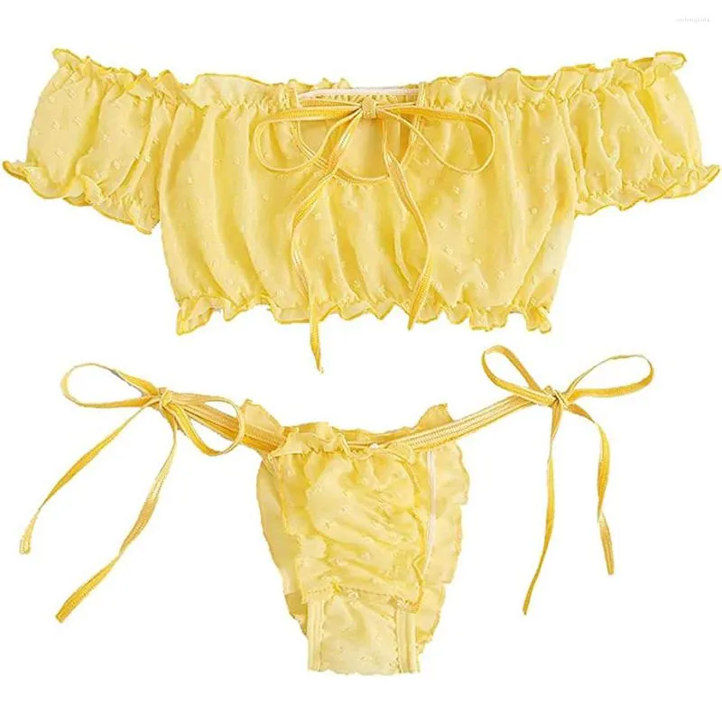 BHs Sets Damen Sexy Dessous Set Mesh Spitze Rüschen Niedlicher Punkt Transparenter BH und Höschen Wireless Tanga Verband Exotisch