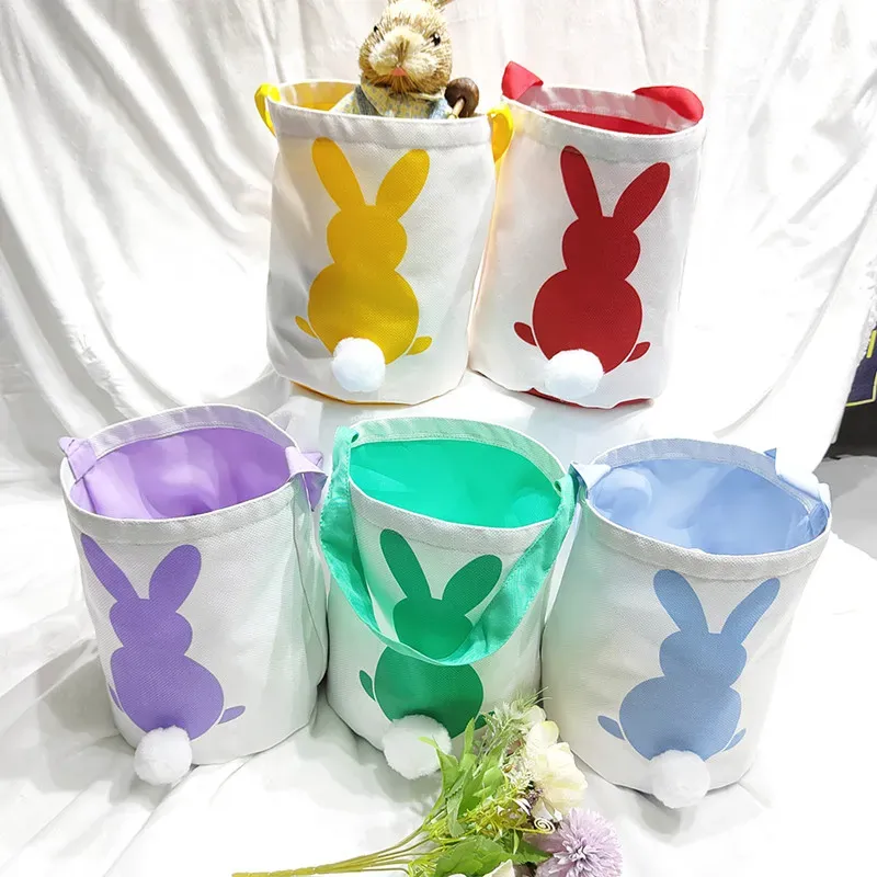 Party Gift Decoration Easter Bunny Basket Bags Cotton Linen Carrying Gift and Eggs Hunting Candy Bag Fluffy Tails Printed Rabbit Toys Bucket Tote 