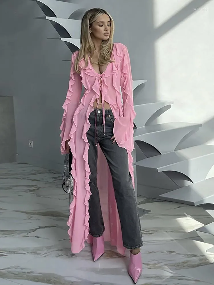 Trench da donna RDMQ 2023 Cardigan con scollo a V sexy Donna Rosa Manica lunga Lace Up Autunno femminile Slim Casual Elegante Streetwear