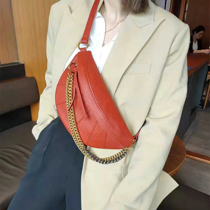 Bouncy Leather Chest Bag With Chain Strap Trendy Casual And