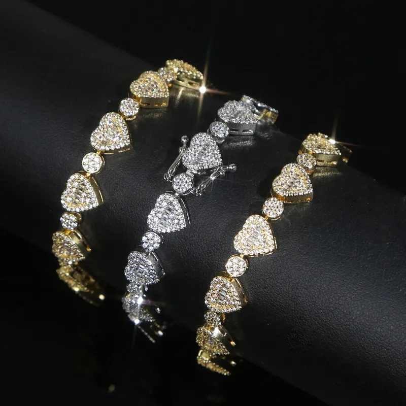 Micro Mini Heart Love with Round Circle Charm Link Chain Bangle Elegant Bracelet Hip Hop Bling Women Paved Full Cubic Zirconia Party Gift Wholesale Jewelry
