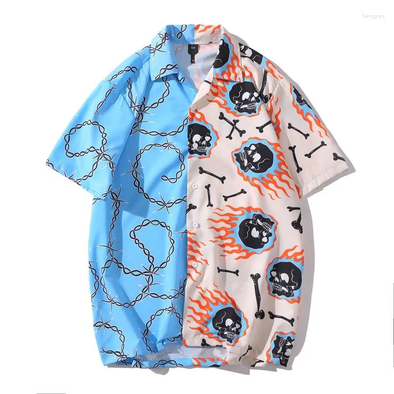 Men's Casual Shirts Koszula Black White Patchwork Vintage Sukll Printed Shirt Summer Men Hawaiian Short Sleeve Oversized Beach Man Hemd