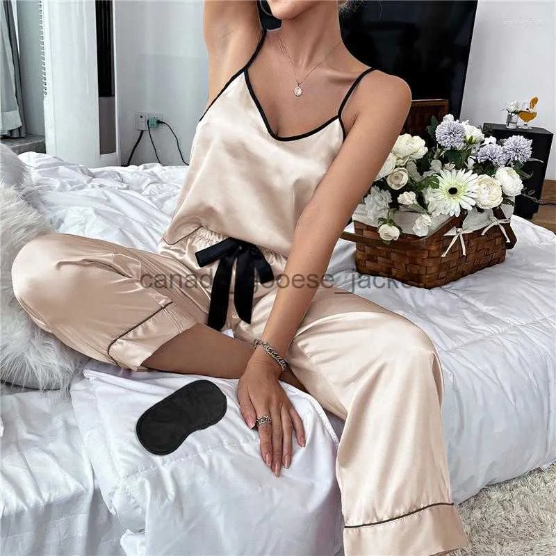 Women s Satin Cami Sleepwear Set V Neck Tank Top Trousers Pajamas with Eye Mask Summer Sleepwear Lounge Nightwear