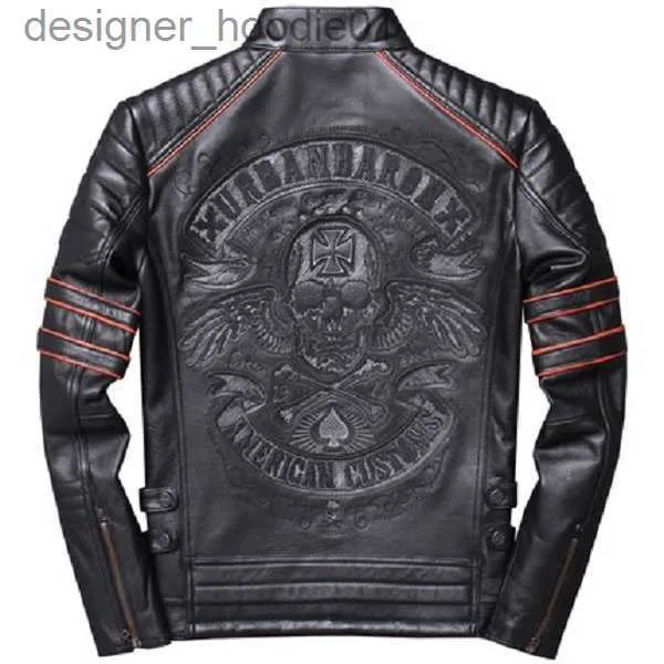 Men's Fur Faux Fur motorcycle jacket mens leather jacket man's genuine cowhide embroidery skull leather jacket slim 2020 L230913