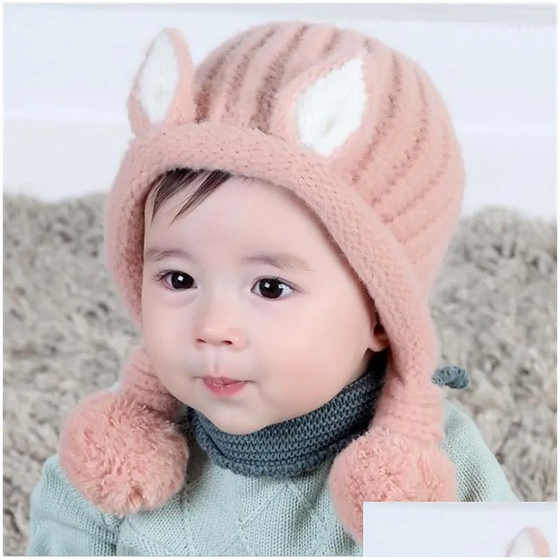 Caps Hats 2022 Winter Baby For Children Keep Warm Girls Cotton Thick Solid Knitted Cute Ears Beanie Pompom Bomber Drop Delivery Kids M Dhgyn