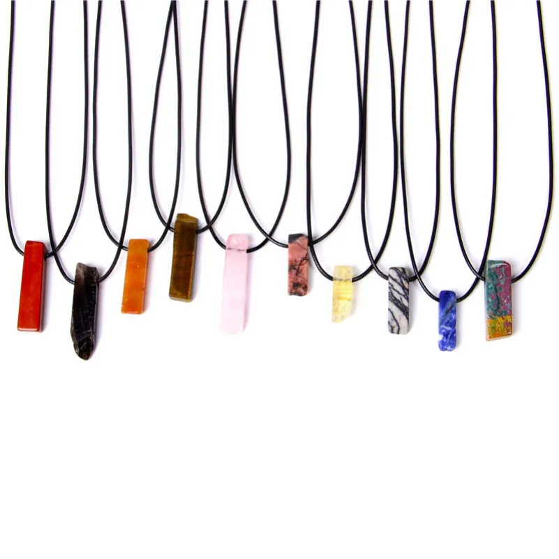 Waxed Rope Irregular Rectangle Natural Stone Rock Necklace Crystal Quartz Gemstone Bar Pendant Necklaces hiphop jewelry