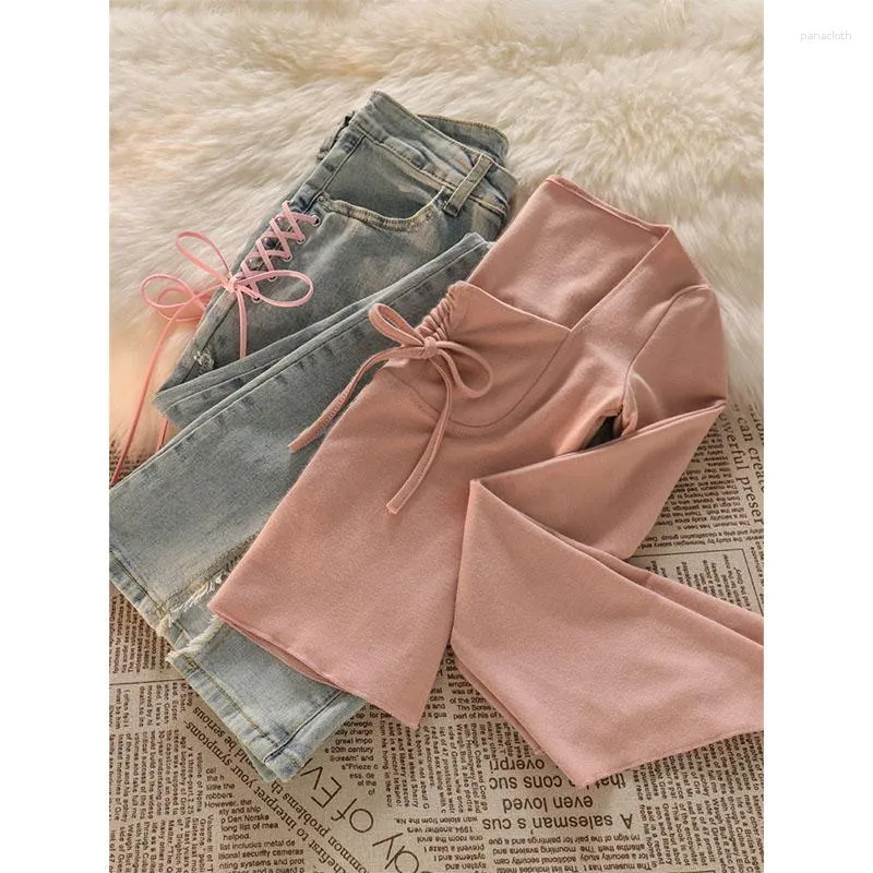 Felpe con cappuccio da donna Primavera Estate Donna Felpe tendenza sottile rosa Maniche svasate con coulisse Pullover solidi Colletto quadrato stile coreano Donna