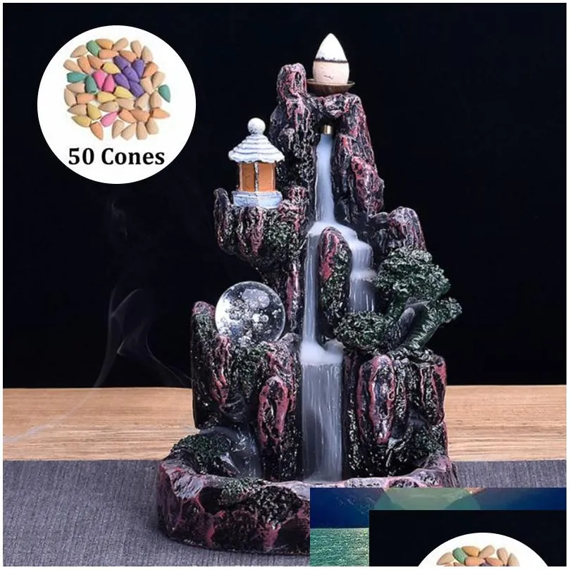 Fragrance Lamps 1Pc Waterfall Incense Burner Ceramic Mountain River Holder Porcelain Backflow Buddhi With 50 Cones Drop Delivery Home Dhx4T