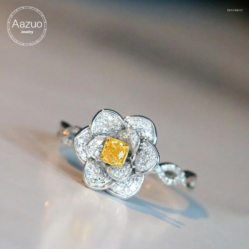 Bagues de cluster Aazuo Haute Qualité Véritable Diamants Jaunes 0.42ct 18K Or Blanc Rose Fleur Bague Haut De Gamme À La Mode Senior Party Fine Bijoux Vendre