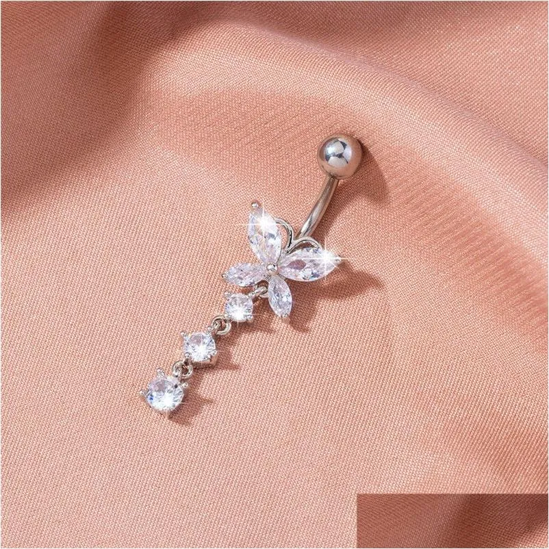 Navel Bell Button Rings Zircon Butterfly Pendant Crystal Belly Piercing Nail Body Jewelry For Women Fashion Drop Delivery Otaxb
