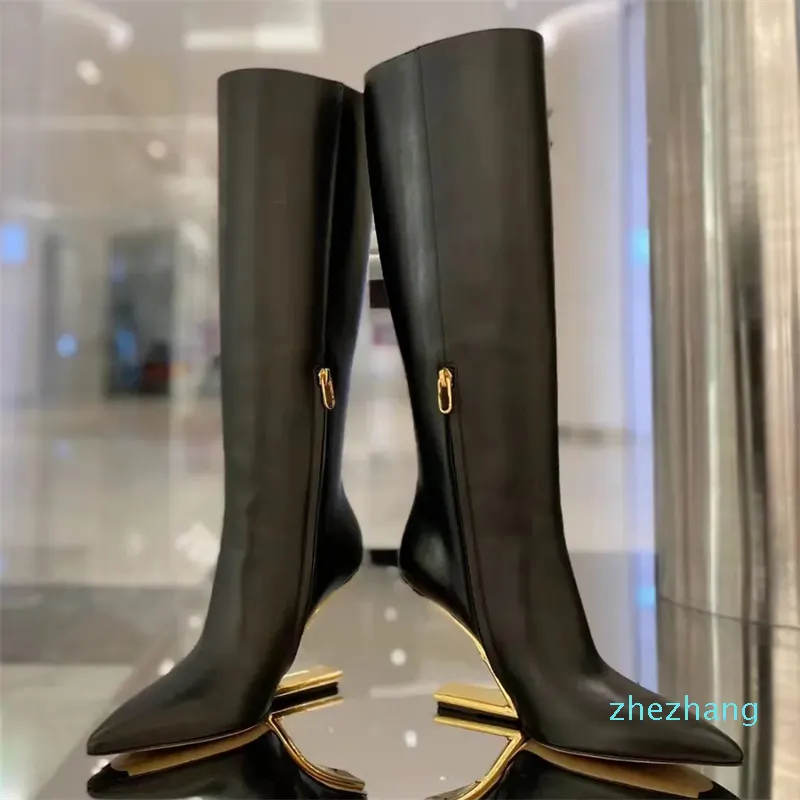 2023- moda feminina apontou salto alto botas de zíper alto botas de cano alto ouro metal esculpido salto luxo moda elegante designer sapatos de fábrica