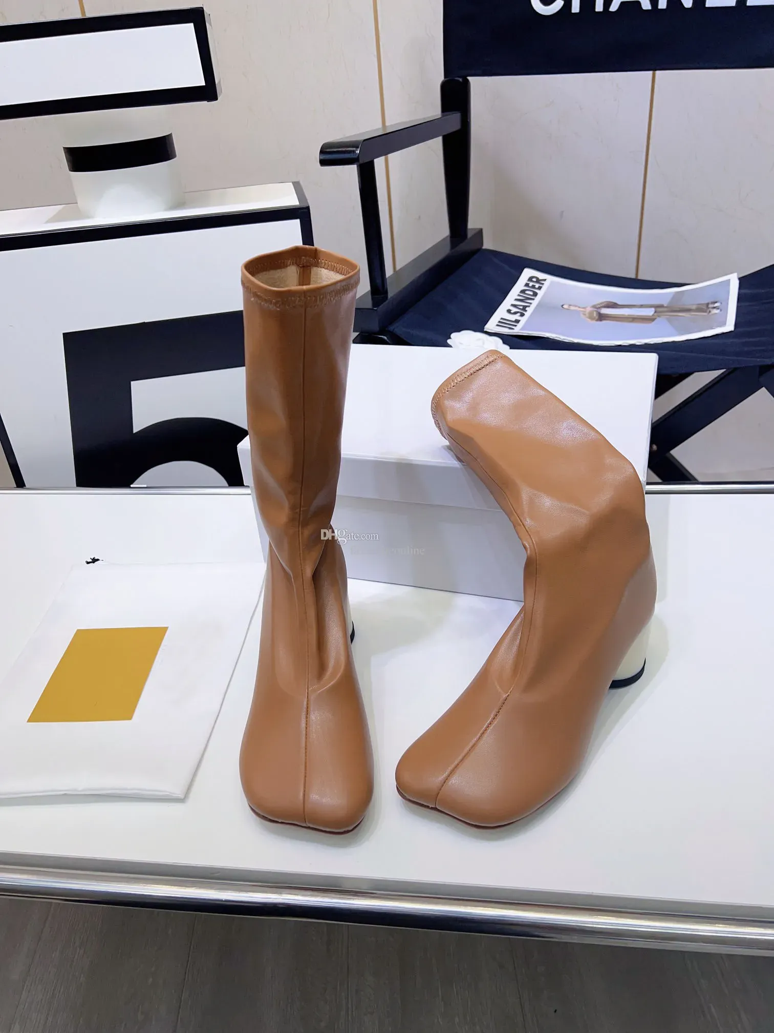 Maison Casual лучшего качества бренда роскоши женская половина ботинок высокая каблука 7 см ковбой MM6 подлинная кожа среднего размера 34-40