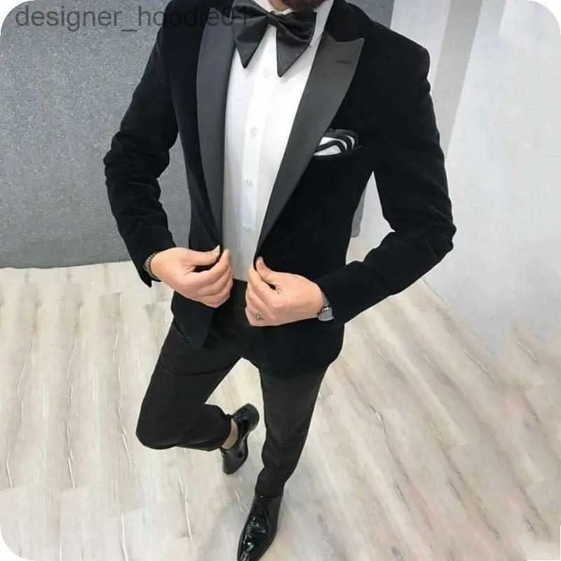Mäns kostymer blazrar högkvalitativ en knapp svart sammet brudgummen tuxedos topp lapel män kostymer 2 stycken bröllop/prom/middag blazer (jacka+byxor+slips) w701 l230914