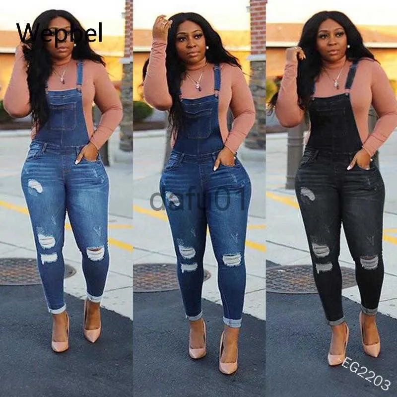 Damesjeans Damesjeans Wepbel Skinny zoombroek Jumpsuits Grote maten Denim Overalls Mode Gaten Zomer Casual gewassen broek x0914