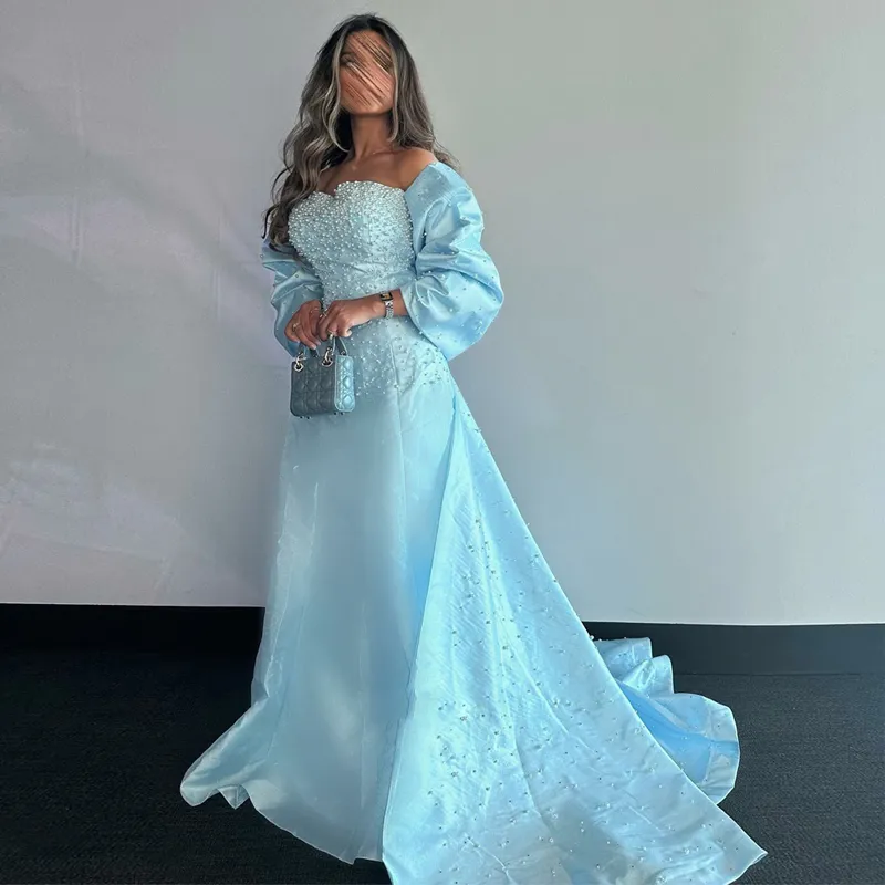 Bleu ciel bretelles a-ligne robes De soirée chérie perlée robe De célébrité avec Cape perles balayage Train robes De Novia 326 326