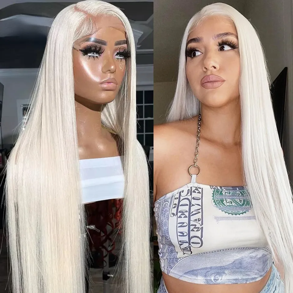 180 Density Wig Platinum Blonde Straight Lace Front Human  display picture 1