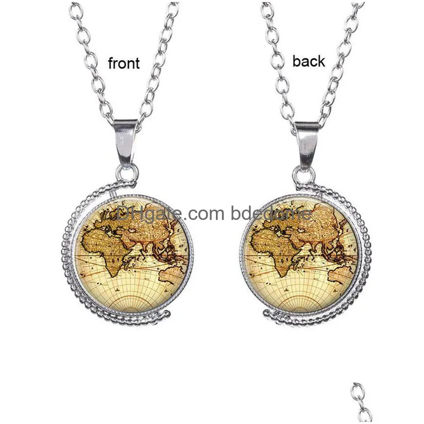 Andra smyckesuppsättningar Värld Map Time Gem Pendant Halsband Roterande dubbelsidig glas cabochon tröja kedja mode för män kvinnor kid gi dhotj
