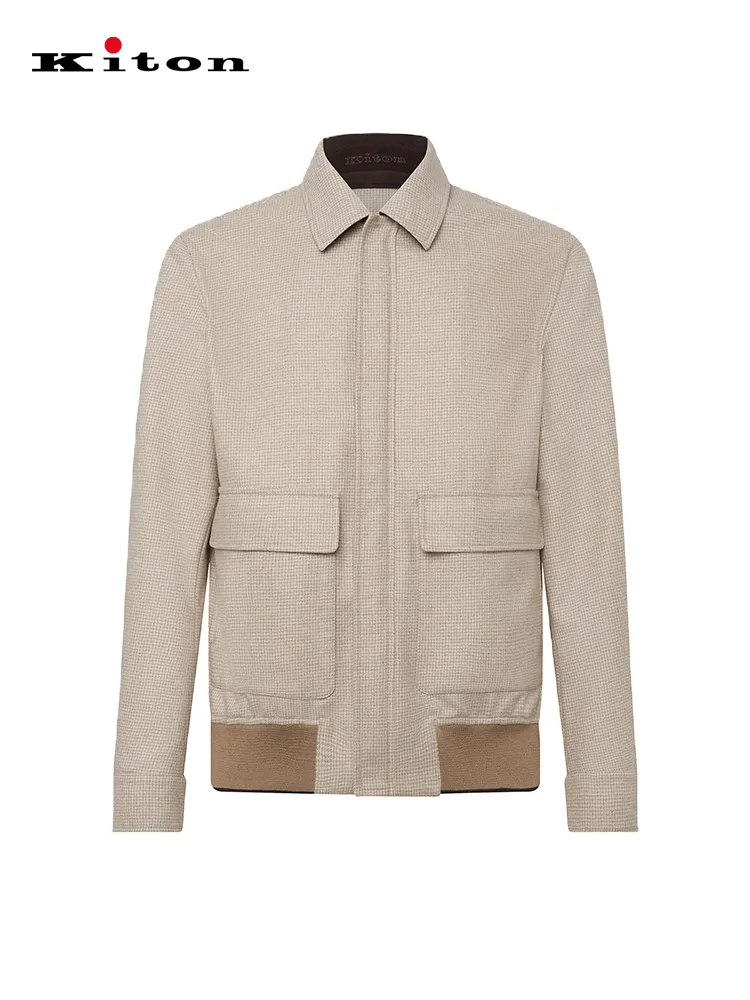 Herenjassen Lente Kiton Wol Beige Grote Zak Geruite Revers Rits Jas