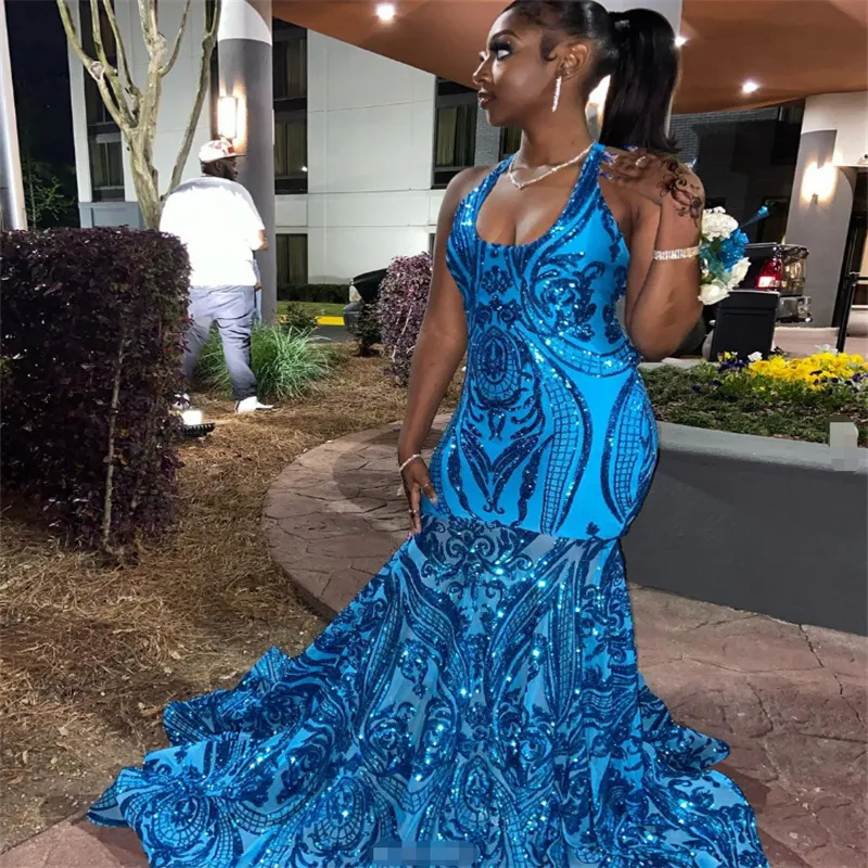 Blue Sequin Mermaid African Print Prom Dress For Black Girls