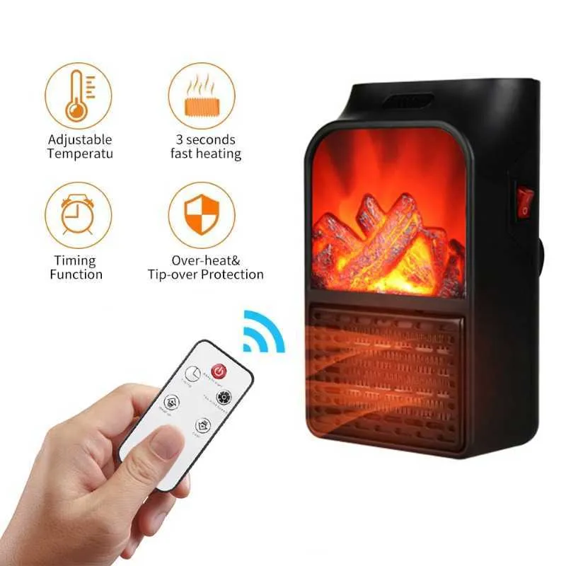 Chauffages domestiques Appareil de chauffage portatif à brancher sur le mur Chauffage électrique 500w Flamme 3D Mini chauffage chaud Télécommande Chauffage mural 110V / 220V HKD230904