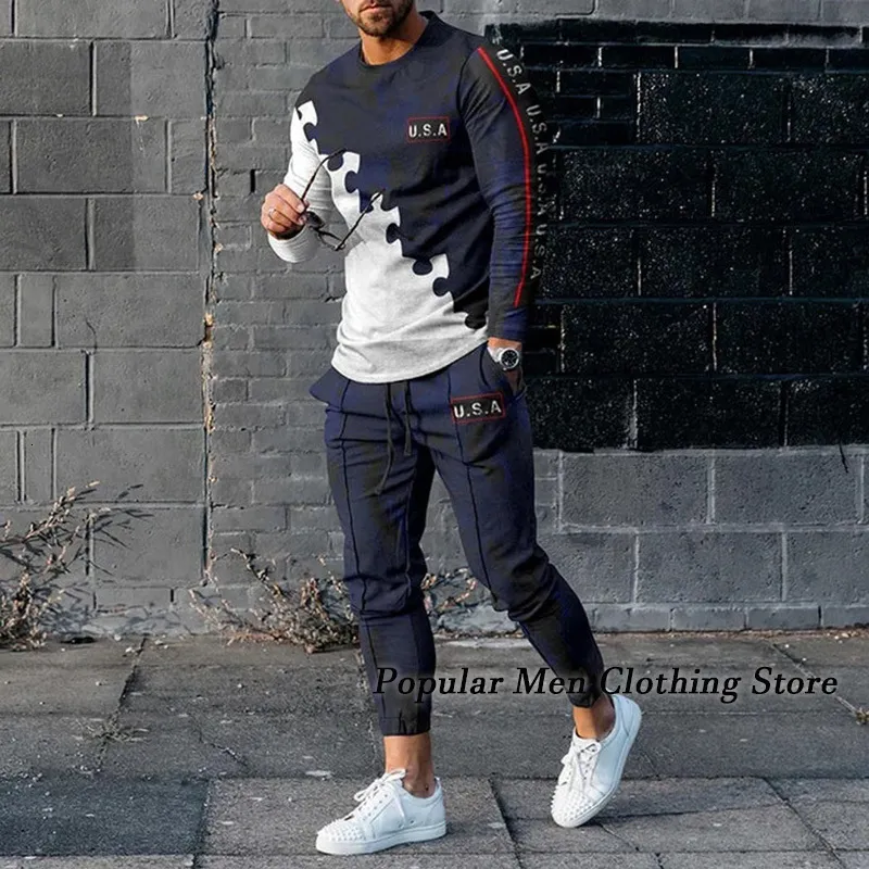 Mens Tracksuits Spring Tracksuit Set 3D Printed Solid Color Jogger  Sportswear Casual Long Sleeves T shirtsLong Pants Suit Men Clothing 230914