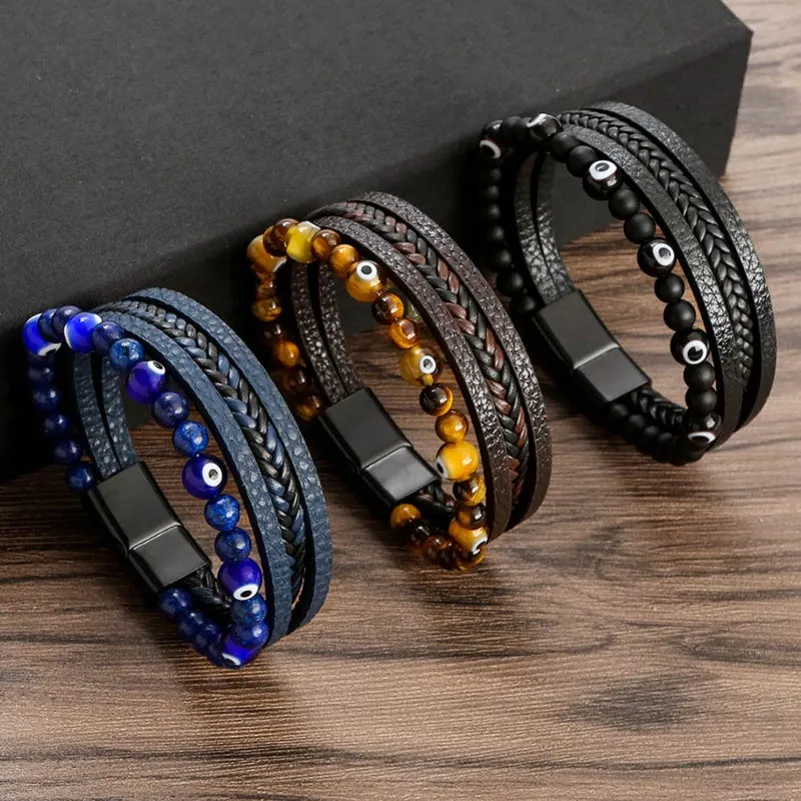 Rétro Oeil De Tigre Perles De Pierre Naturelle Bracelet En Cuir Perlé Multi-couche Wrap Bracelets Bracelet Manchette Bracelet pour Hommes Hiphop Bijoux