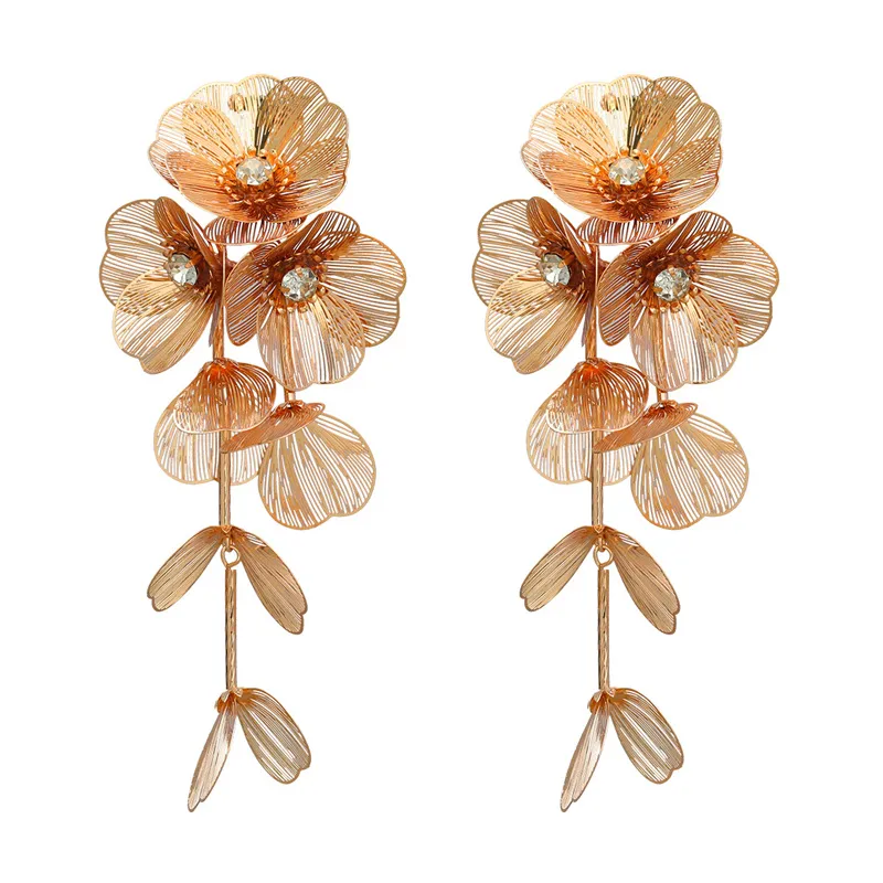 New Vintage Silver Gold Heavy Alloy Flower Earrings Multi Layer Metallic Petal Dangle Drop Earring For Women Party Gifts