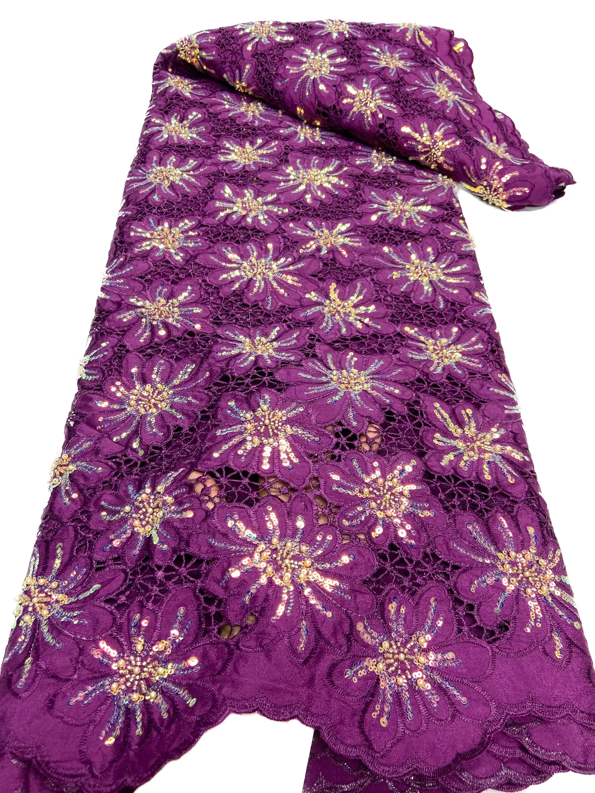 2023 Mulheres Africanas Cord Lace Tecido Costura Artesanal Vestido de Alta Qualidade 5 Metros Bordado a Laser com Lantejoulas Festa Banquete Trajes Têxteis Vestuário Nigeriano YQ-1041