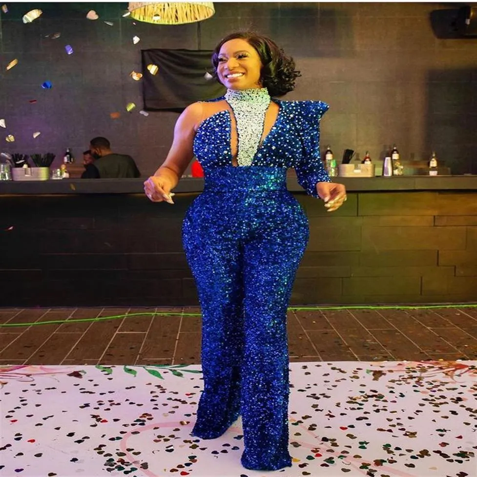 2021 Plus Size Arabic Aso Ebi Royal Blue Sparkly Prom Jumpsuits Dresses Beaded Sequined Sheath Evening Formal Party Second Recepti2767